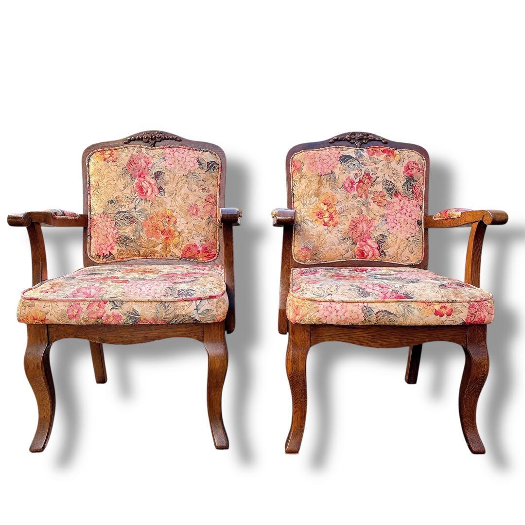 アンティーク 猫脚風 木製 肘掛チェア 2脚セット 花柄 店舗什器