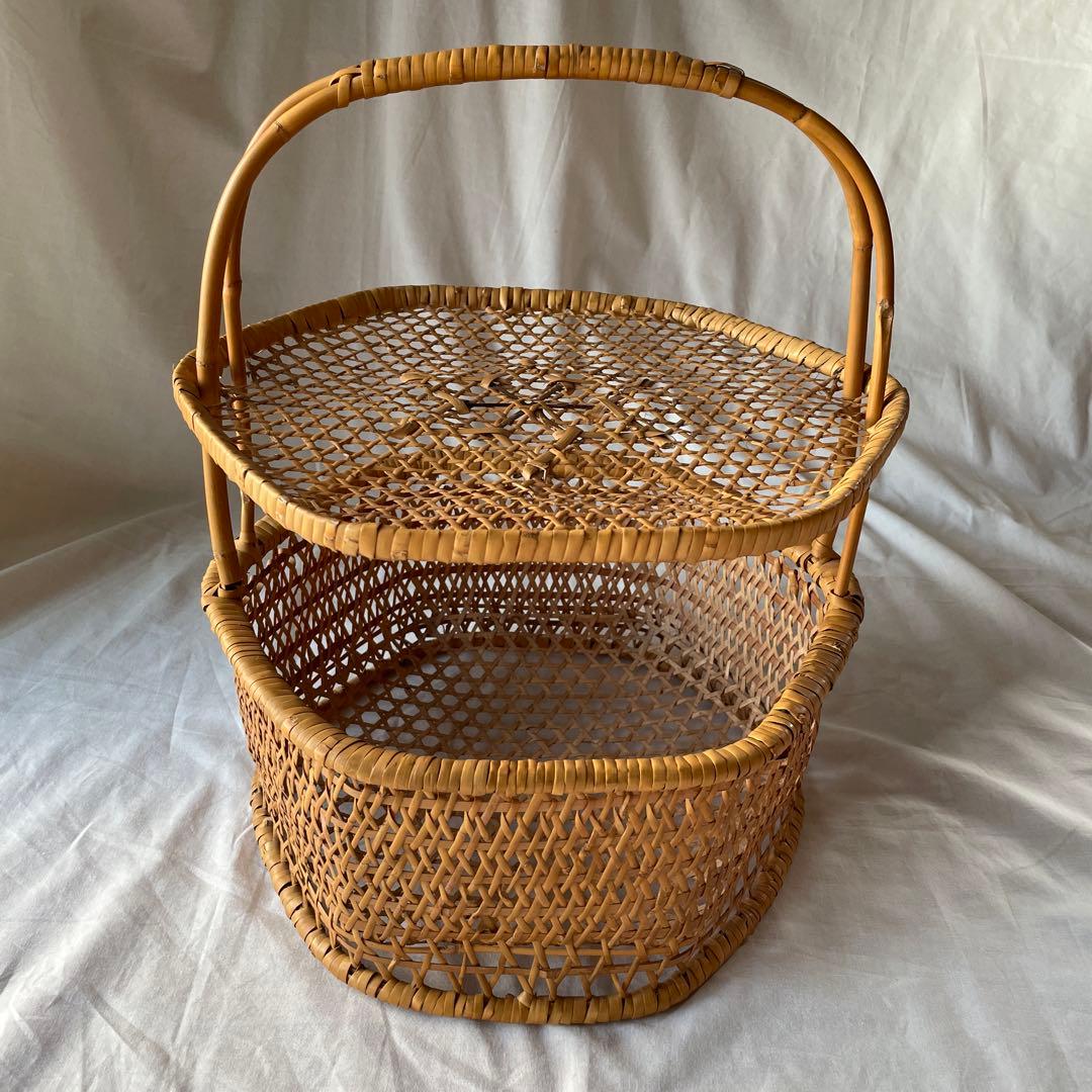 竹かご　竹細工　持ち手つき　蓋つき　古道具