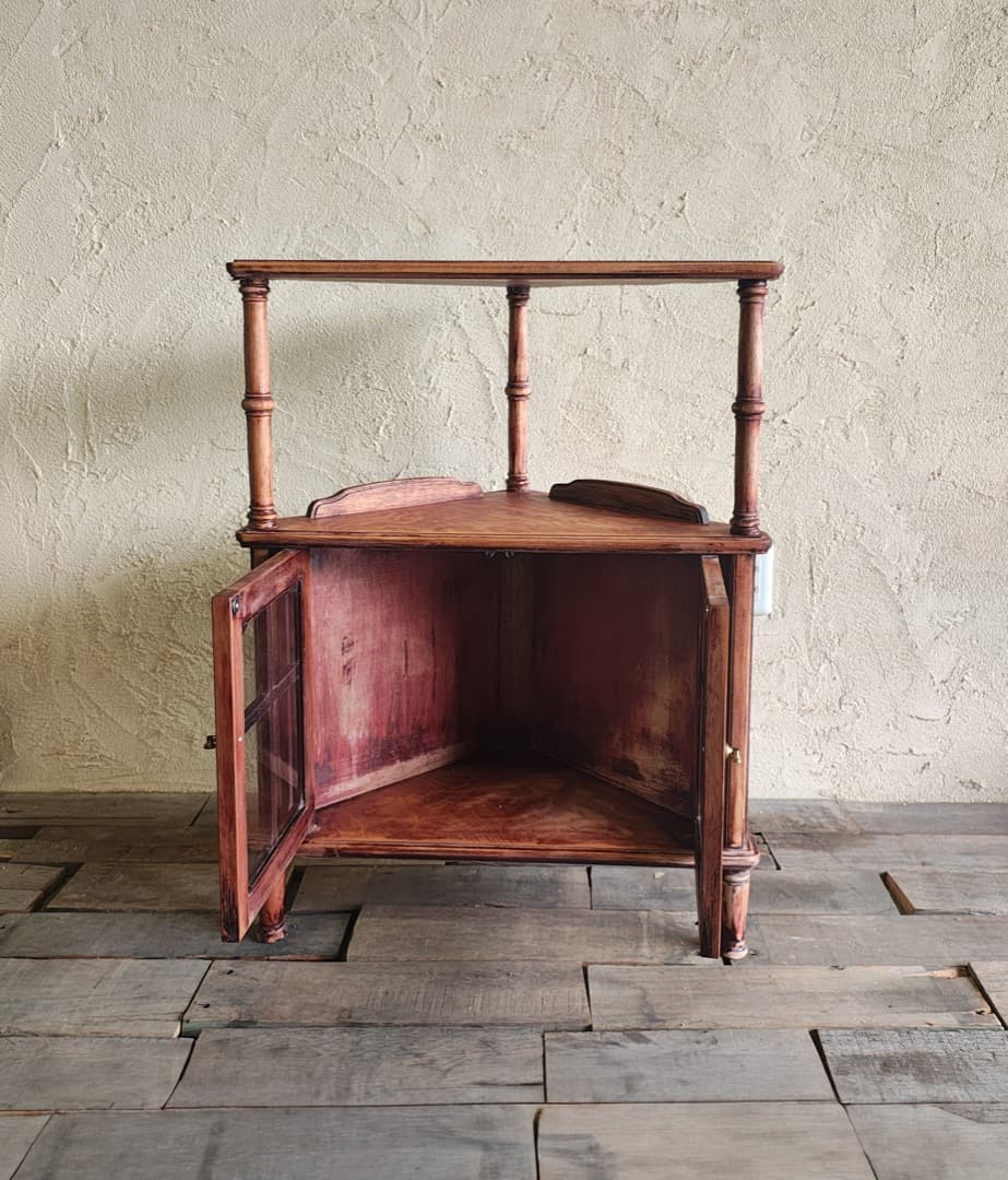 木製ブラウンキャビネット コーナーキャビネット　ビンテージ M0186