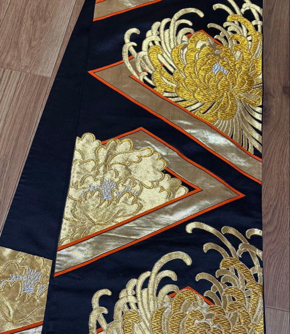 正絹振袖フルセット★金駒刺繍★大輪花紋様★オレンジ色