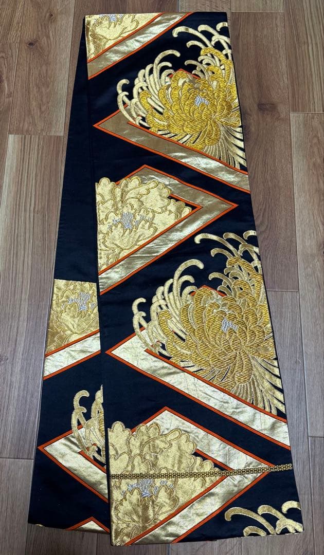 正絹振袖フルセット★金駒刺繍★大輪花紋様★オレンジ色