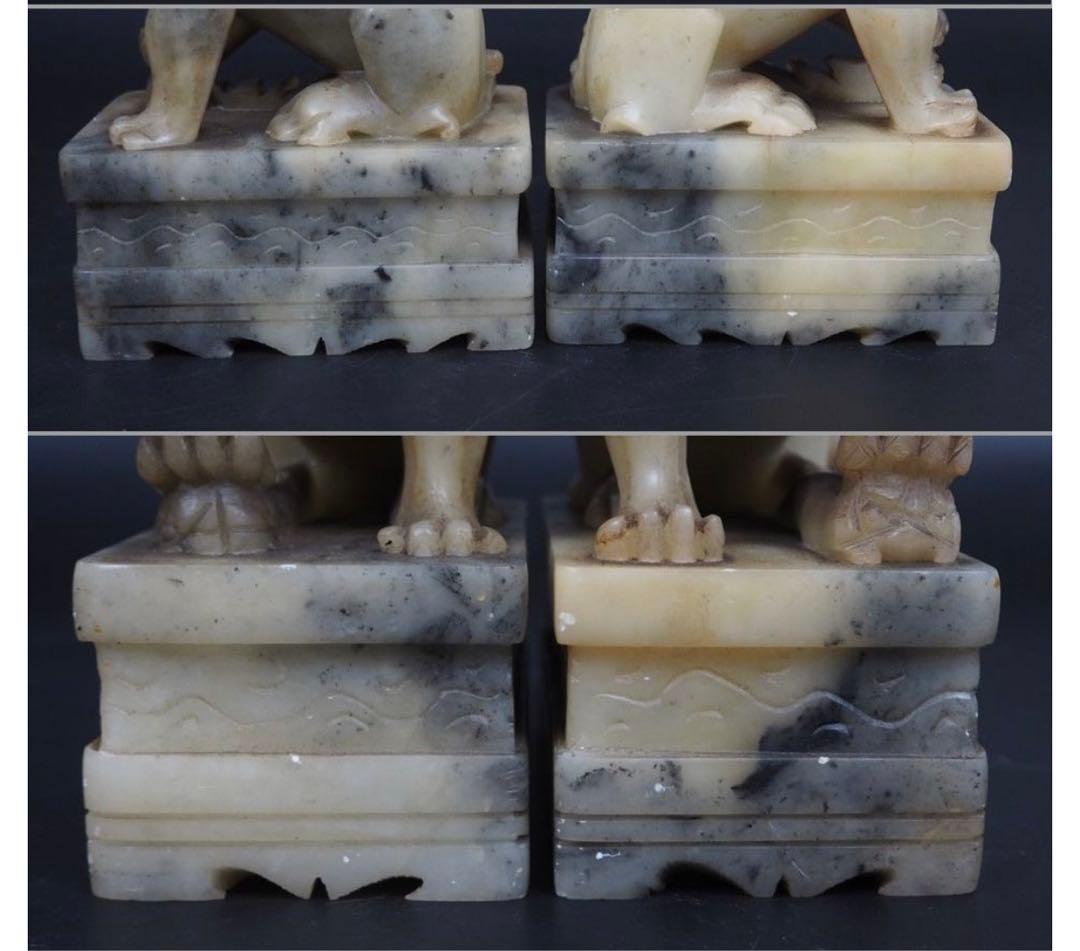 送料無料　中国古玩　清時代滑石彫刻獅子一対　高さ１８ｃｍ