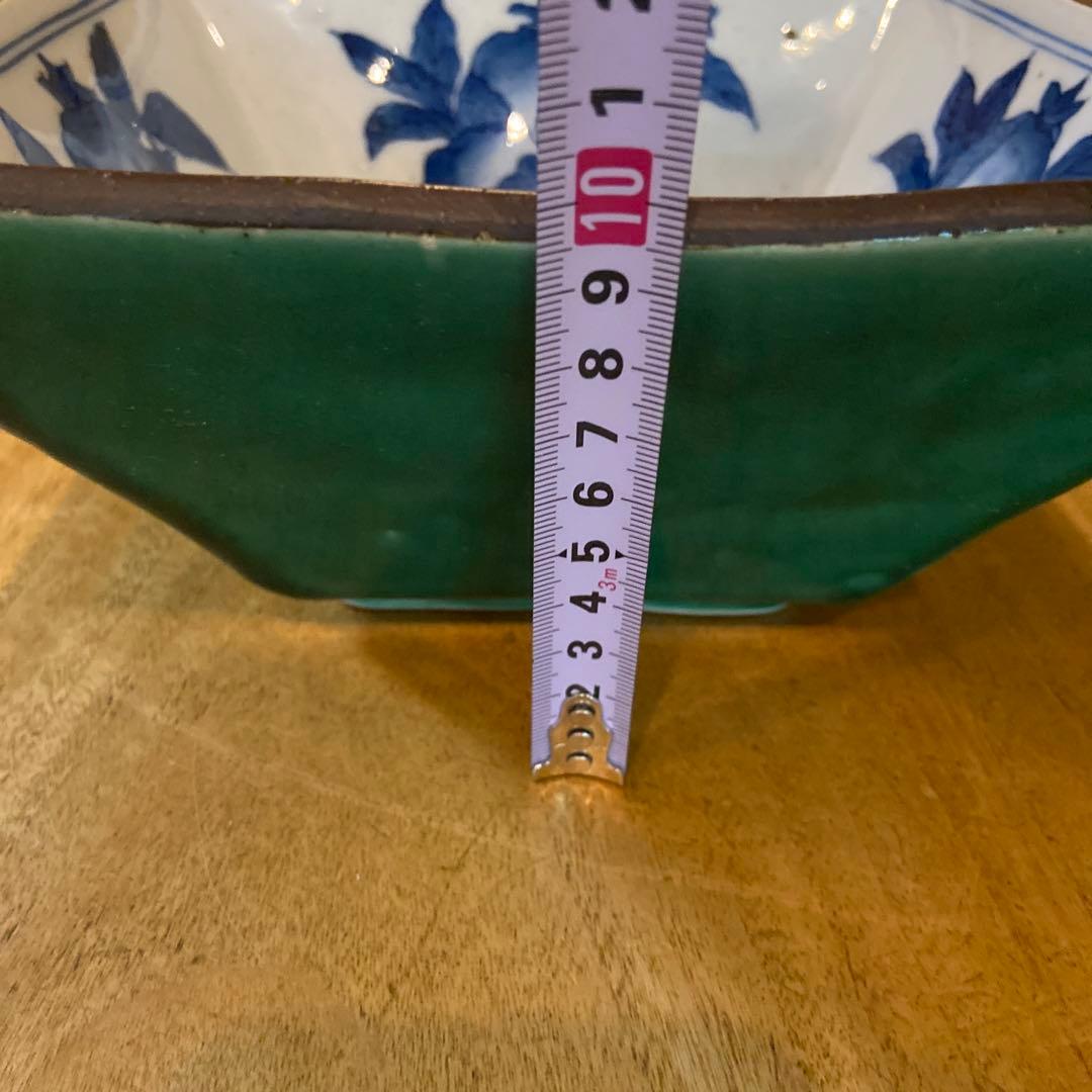 福泉窯昭和期枇杷絵付緑釉四角深鉢