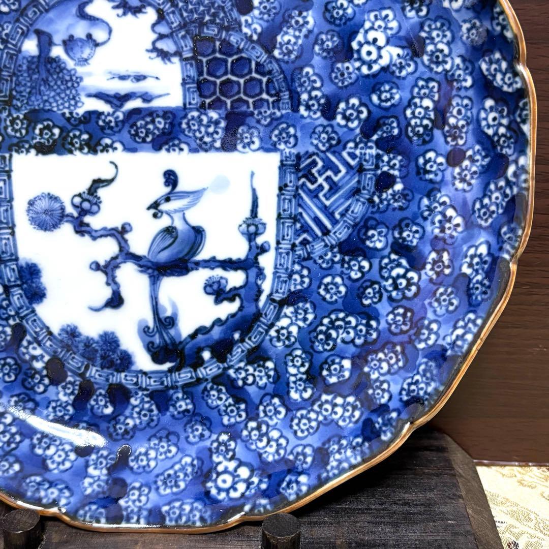 未使用保管✨清水焼 加藤利昌作 青華梅小紋鳳凰 6号皿 1枚 ✨中皿 京焼 皿