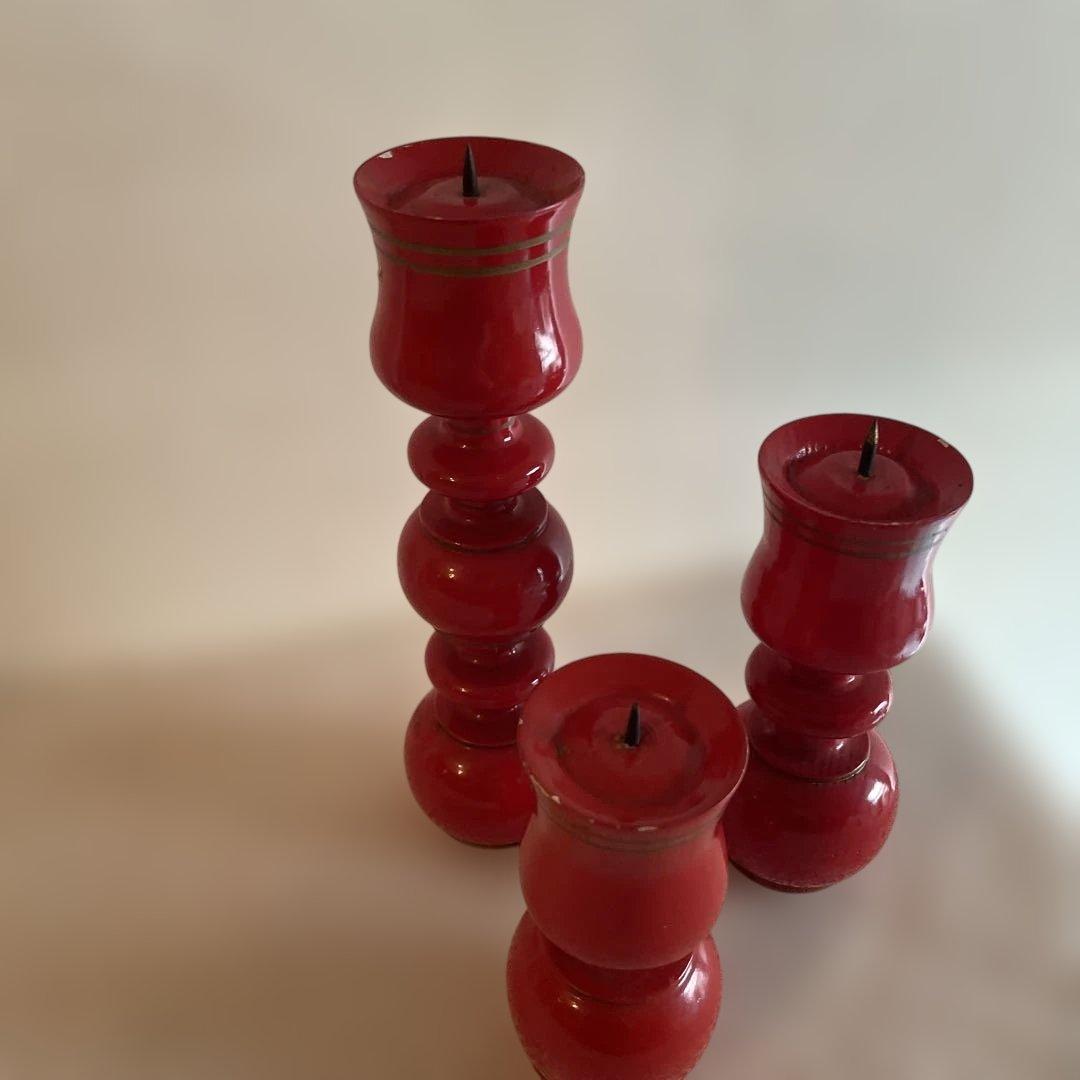アンティーク 赤い 木製キャンドルホルダー 3個セット クリスマス 蝋燭台