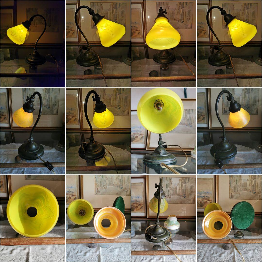 アンティーク 玉虫色イエロー&翠&乳白&桜 ファブリル系ガラス ランプスタンド