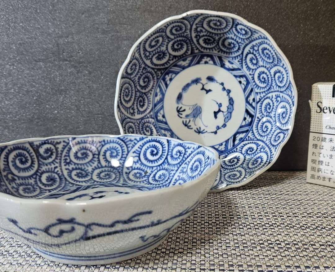 江戸時代後期　古伊万里　染付　たこ唐草 文様　なます皿　膾皿　深皿　2客揃い