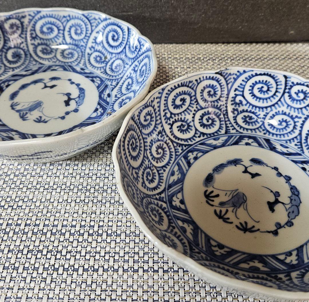 江戸時代後期　古伊万里　染付　たこ唐草 文様　なます皿　膾皿　深皿　2客揃い