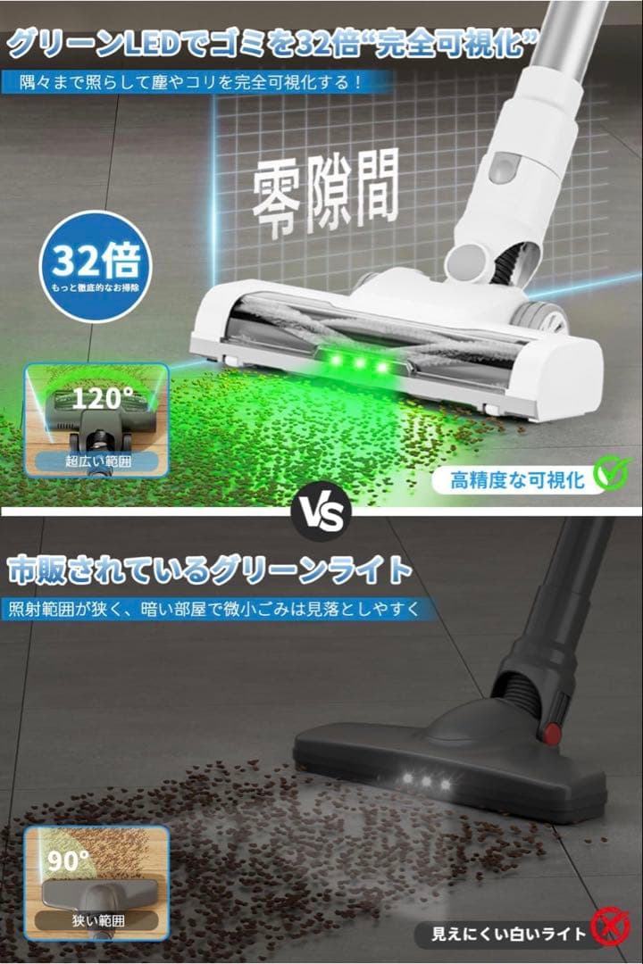 掃除機 【55,000PA超強力吸引・グリーンLEDライト】3段吸引力 ホウイト