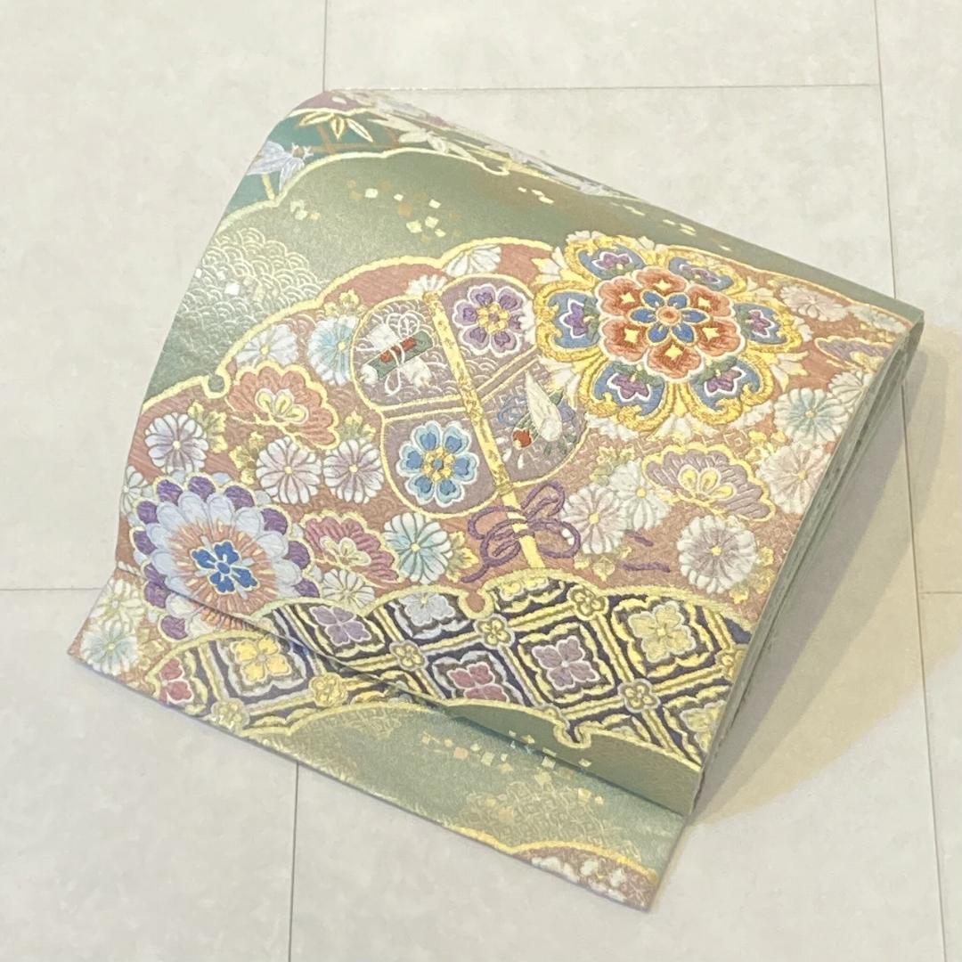 西陣織 唐織り 雪輪取り 銀通し 袋帯 正絹 白 ピンク 黄緑 パステル 716