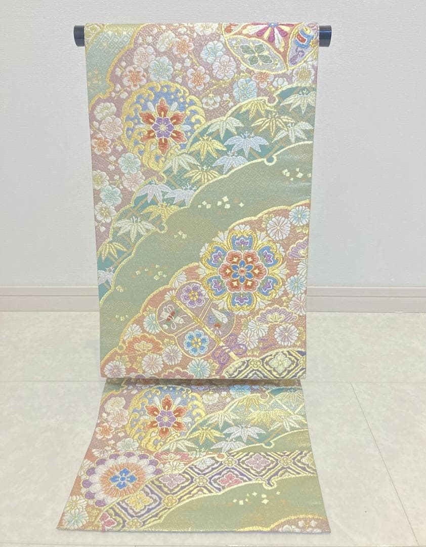 西陣織 唐織り 雪輪取り 銀通し 袋帯 正絹 白 ピンク 黄緑 パステル 716
