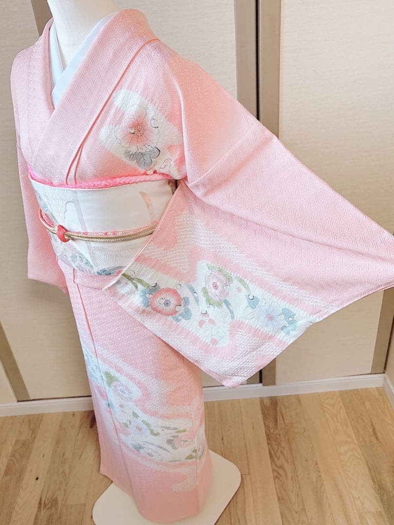 20日まで　訪問着　フルセット　辻が花　裄66 卒業式入学式M L 袋帯　ピンク