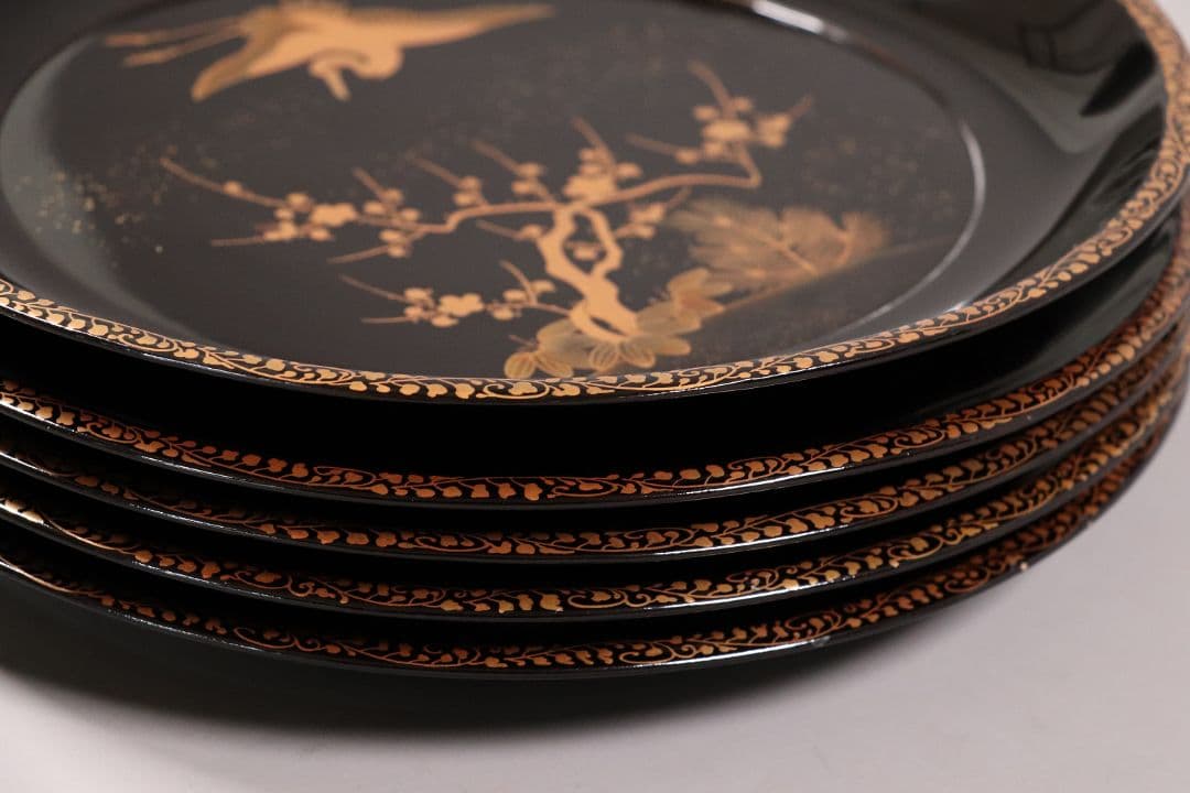 MA220 時代漆器 松竹梅鶴金蒔絵 縁唐草 黒塗 大徳寺盆 五客 菓子盆 木皿