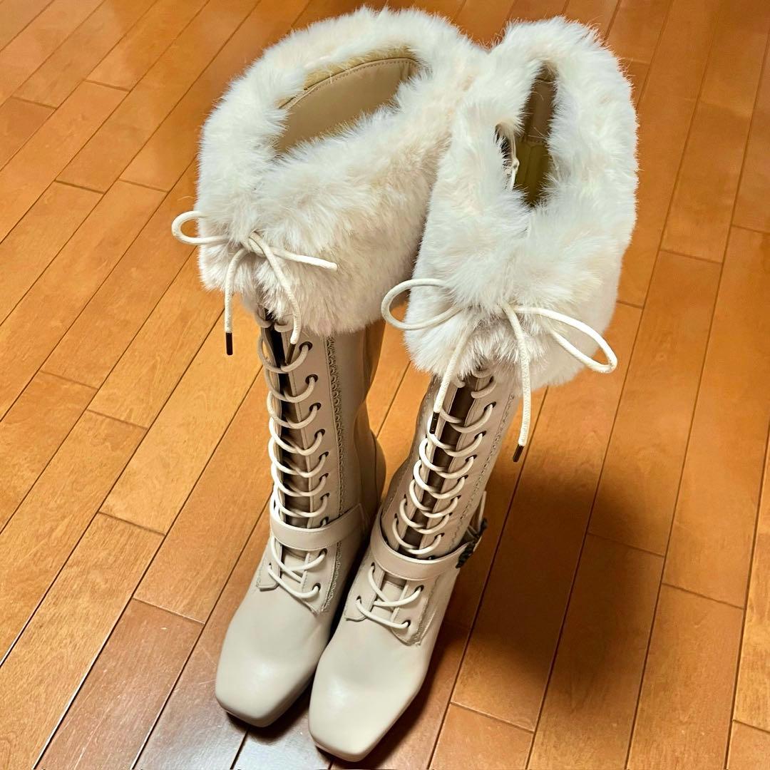 しまむら クラロリ くる実 レースアップ ロングブーツ オフホワイト 白 LL