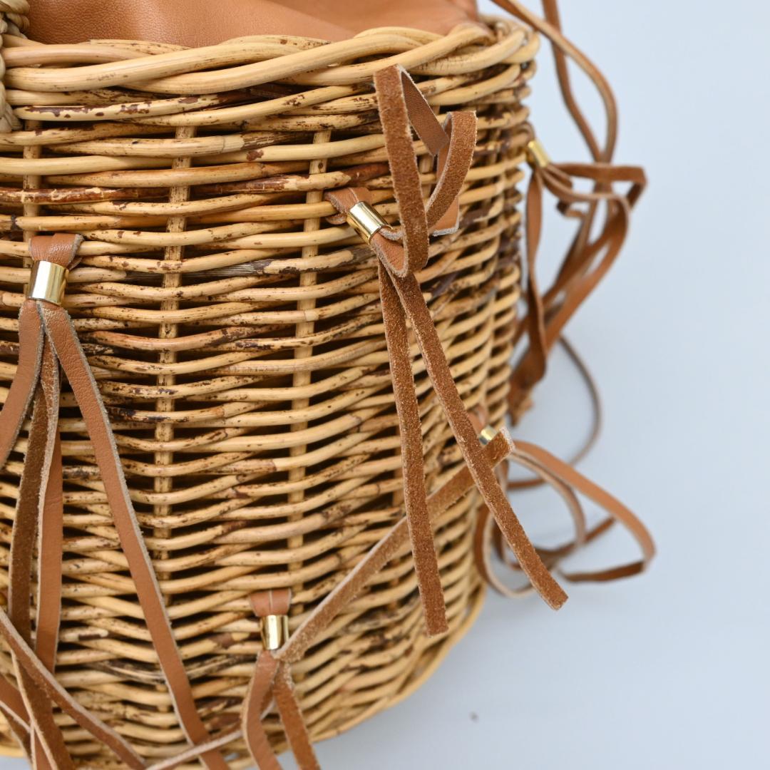 46214★夏 ラドロー カゴバッグ フリンジ 籐 ラタン×レザー バケット