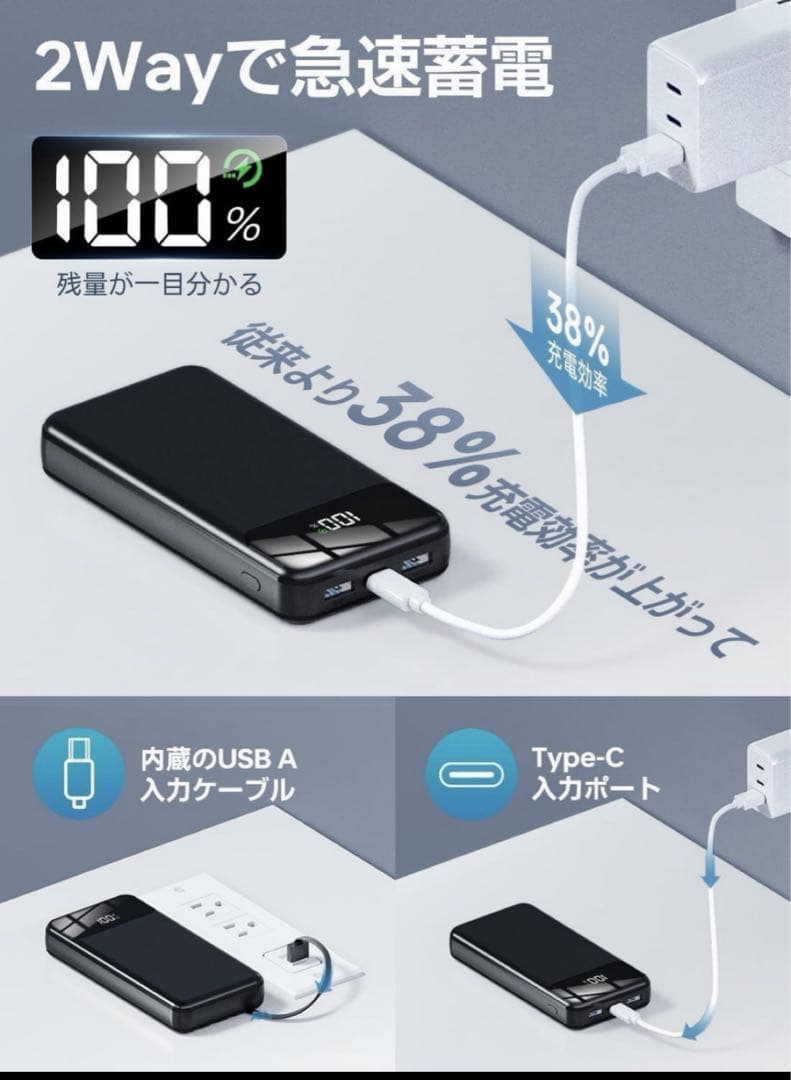 最新モバイルバッテリー大容量 【4つのケーブル内蔵＆五台同時接続可で全種機器対】