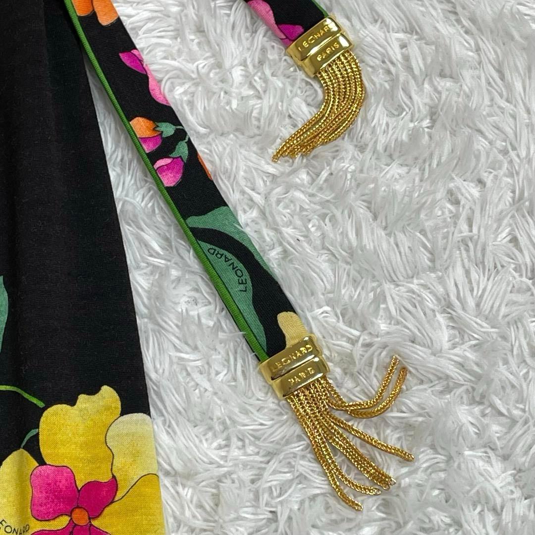 レオナール ロングワンピース 花柄 トリム ベルト付き 長袖ミディドレス L