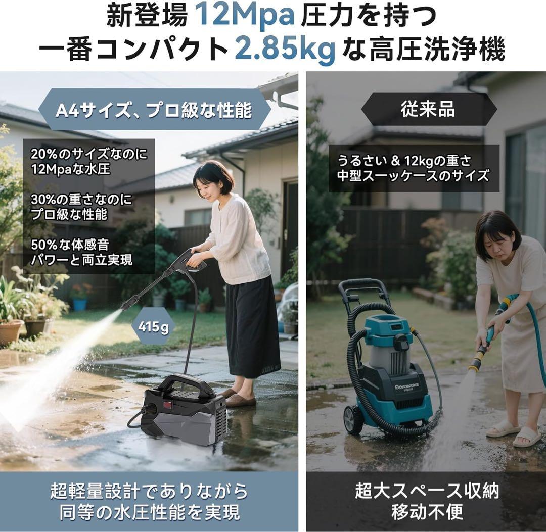 年末大掃除 高圧洗浄機 小型 軽量2.85kg 12MPa静音 収納 洗車 庭