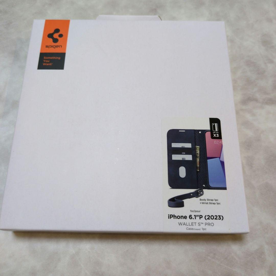 iPhone 15 Pro ケース 手帳型 ネイビー ストラップ2種類付き