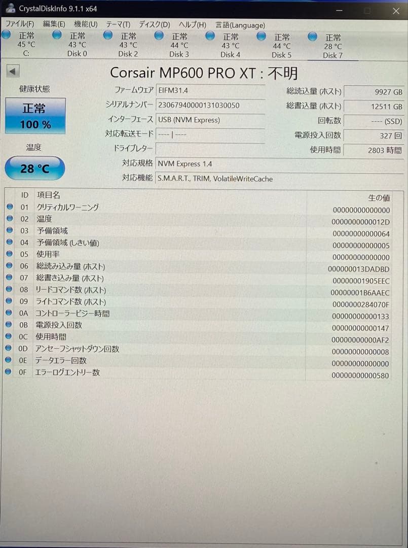 Corsair MP600 PRO XT 4TB Gen4 使用時間2803h