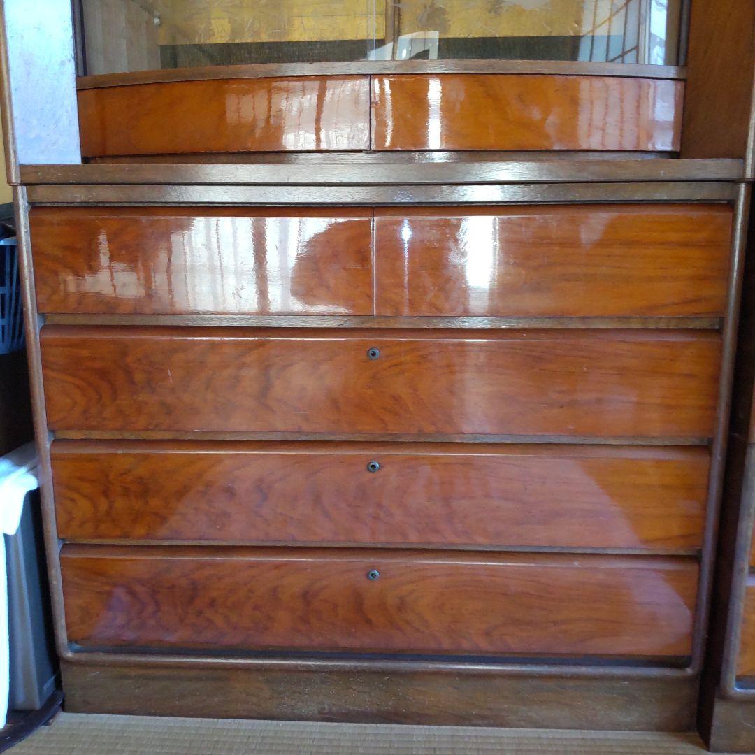 昭和レトロ バラ柄 ガラス戸収納タンス 飾り箪笥 和簞笥 時代家具 婚礼箪笥