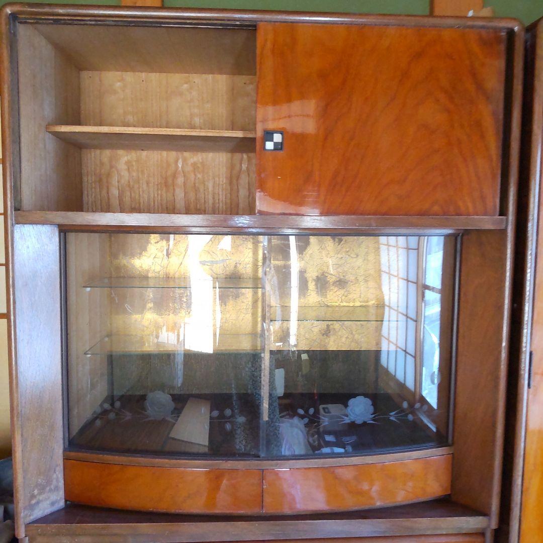 昭和レトロ バラ柄 ガラス戸収納タンス 飾り箪笥 和簞笥 時代家具 婚礼箪笥