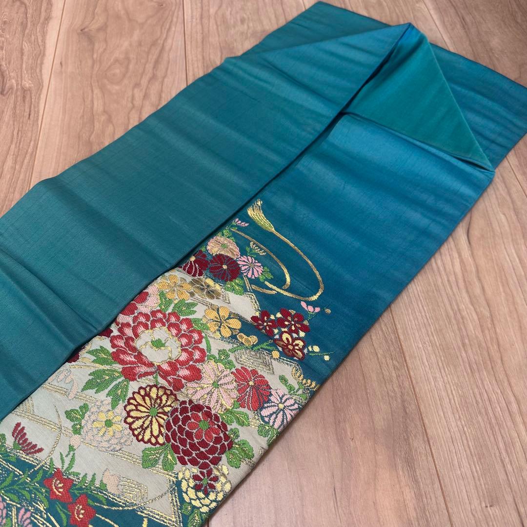 超美品　正絹　着物 和服　名古屋帯　333 納戸色　青緑　アンティーク　金