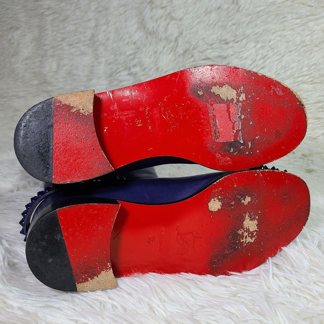 美品【クリスチャンルブタン】スタッズ　バックベルトロングブーツ　ネイビー