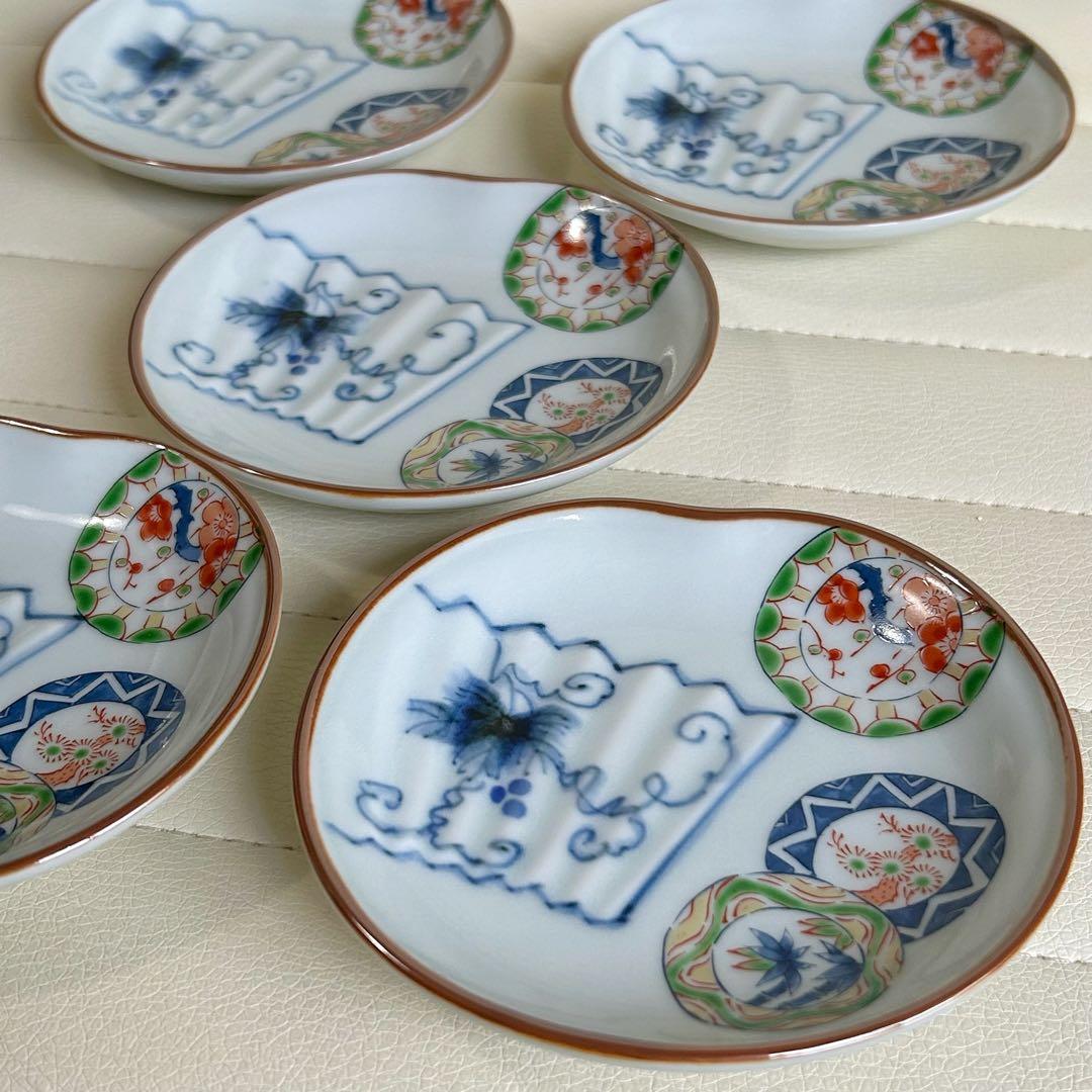 波佐見焼　林九郎窯　染付丸紋　小皿揃　5枚セット　豆皿　楕円皿　色絵　古伊万里