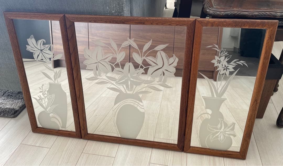 木製フレームミラー3連(フラワーモチーフ)