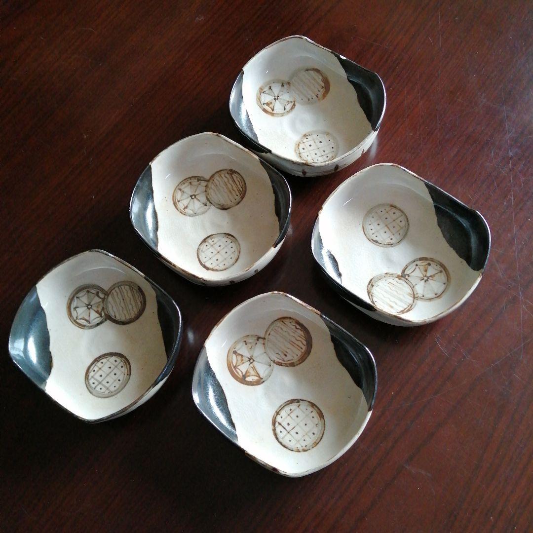 瀬戸焼　黒織部向付　5客　13.8cm　昭和初期〜中期