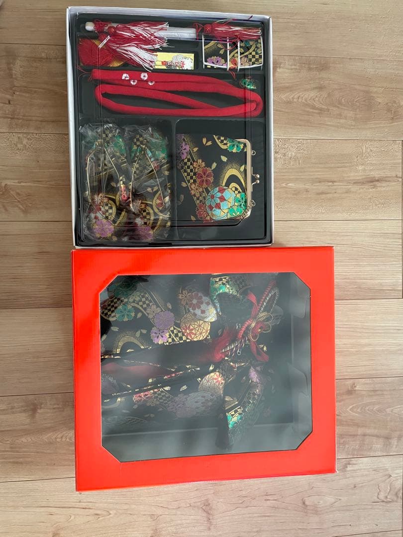 七五三 帯　バッグ　草履セット　黒　花柄