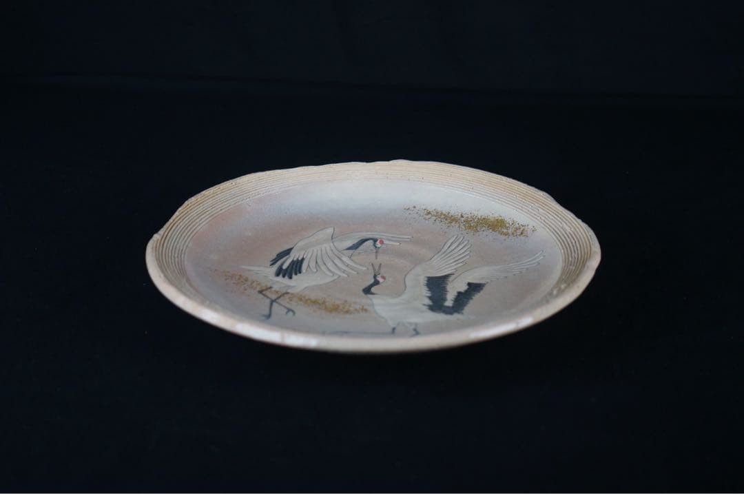 十二代 坂高麗左衛門 作 萩焼 陶彩景 双鶴図櫛目皿 共箱 共布 保証品