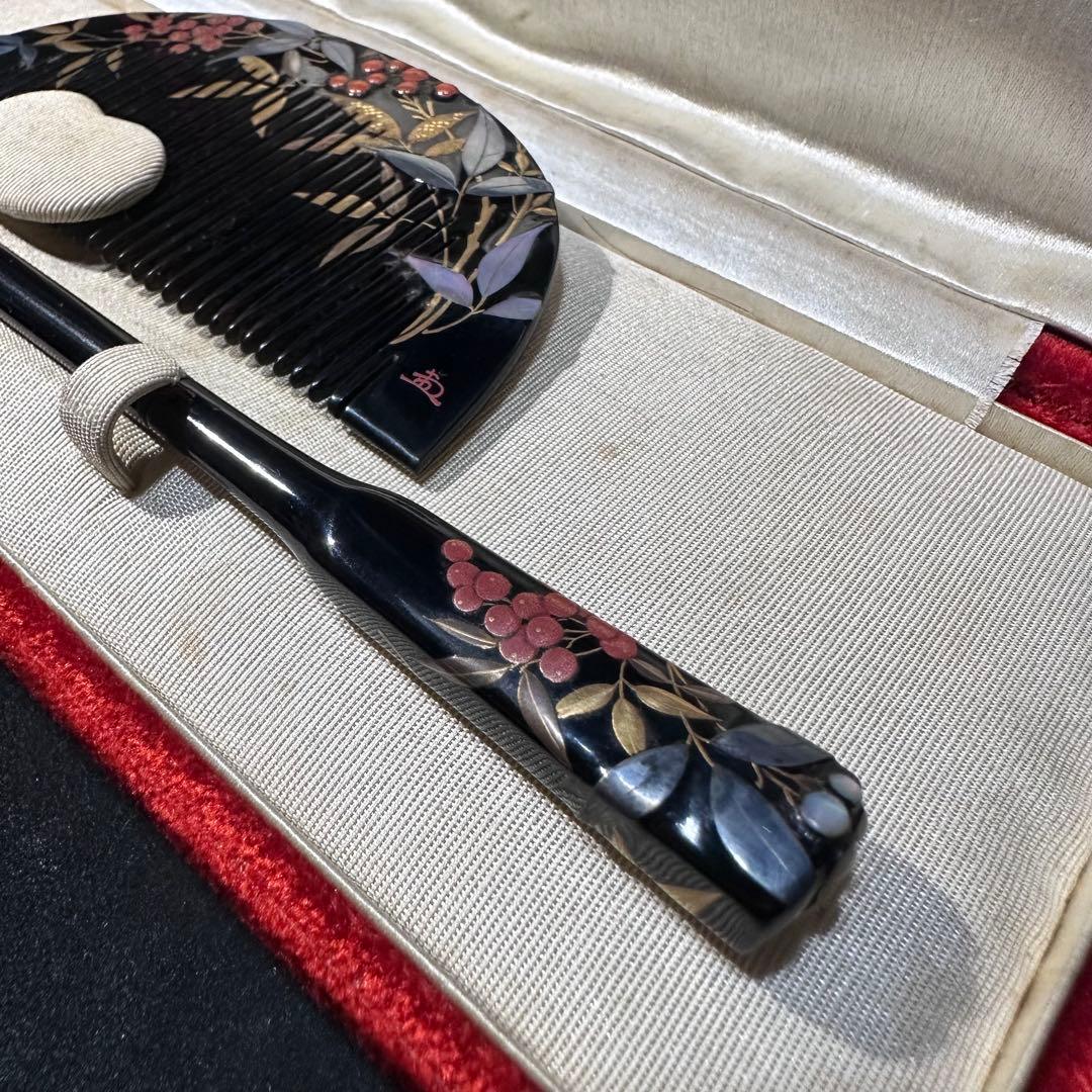 大正アンティーク　鼈甲　櫛笄　黒漆螺鈿細工　金細工髪飾り