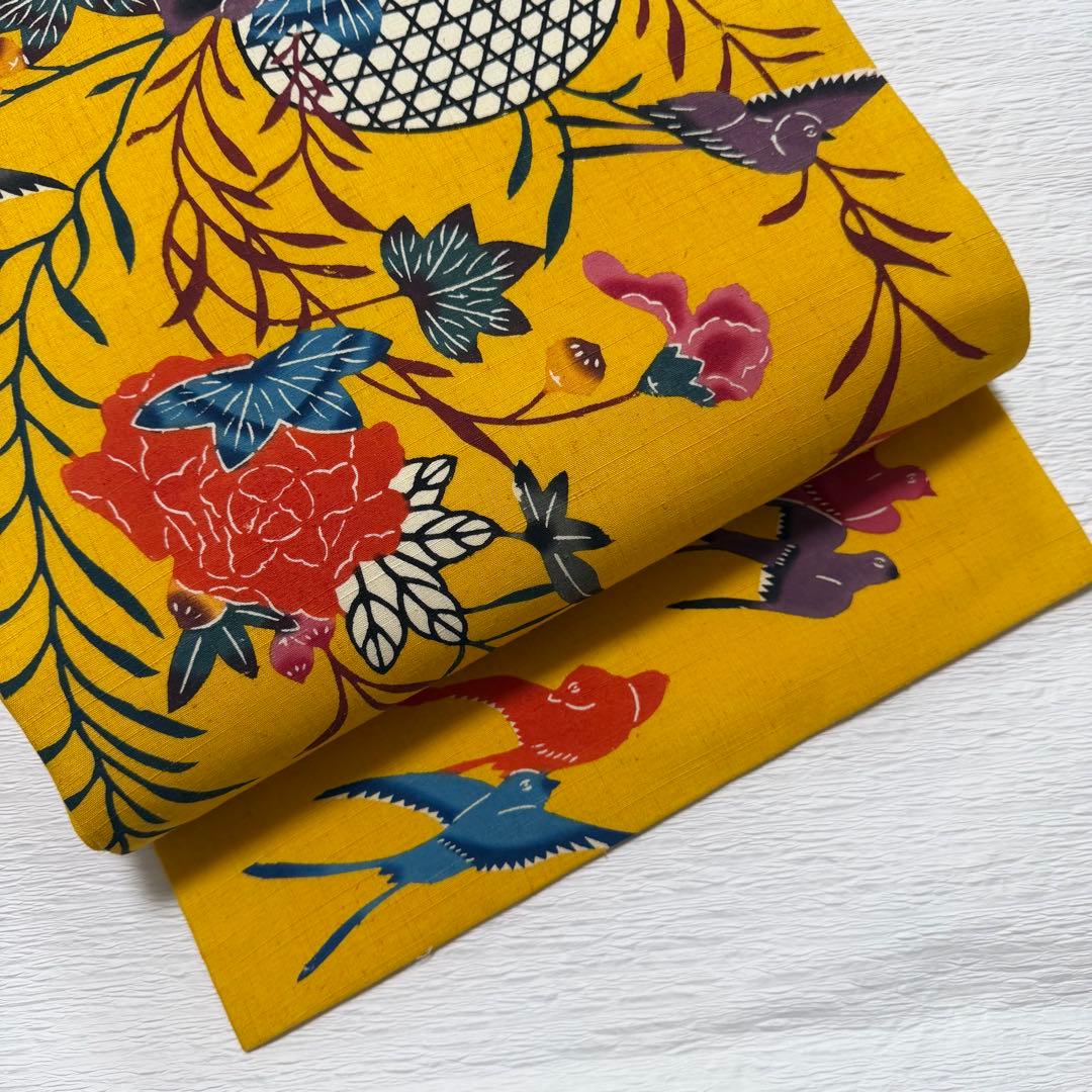 m-45 本場琉球紅型 鳥 花 名古屋帯 正絹 未使用