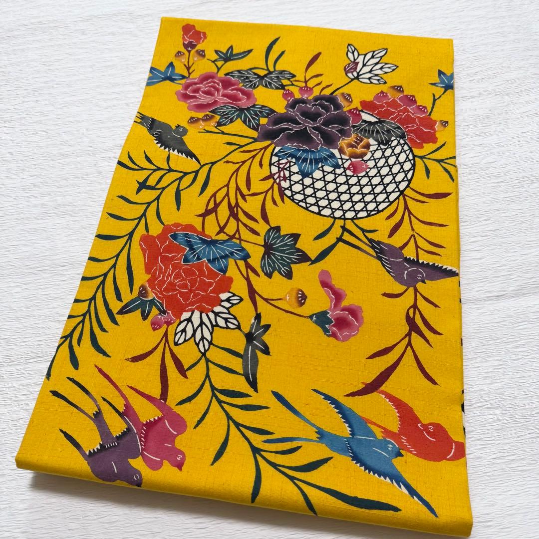 m-45 本場琉球紅型 鳥 花 名古屋帯 正絹 未使用