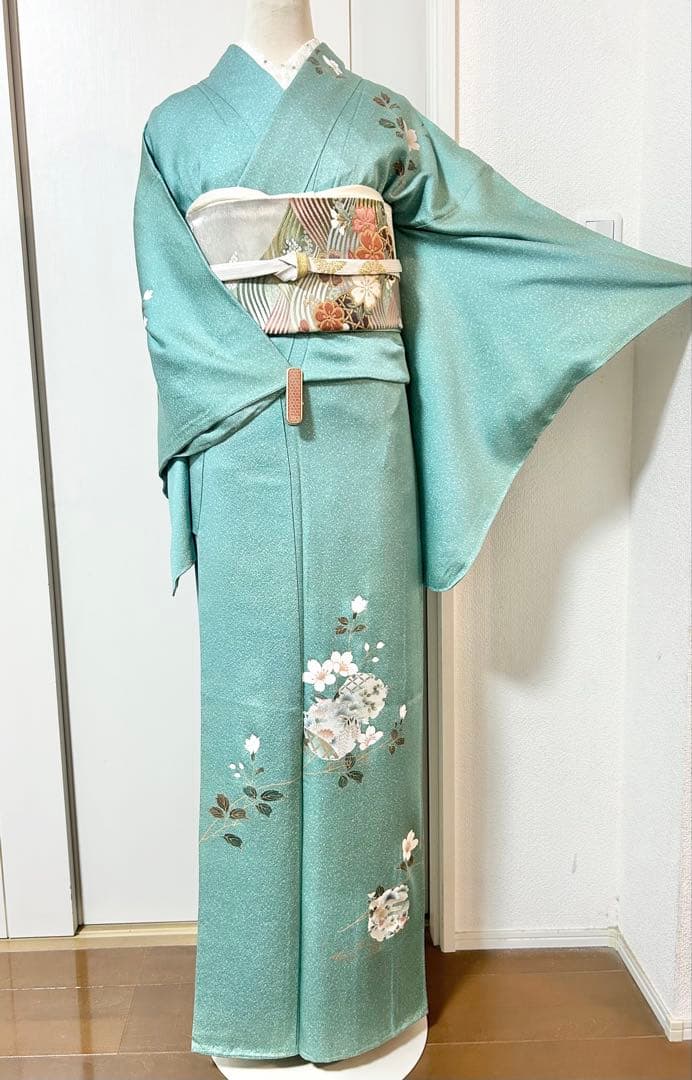 美品　裄丈長め　しつけ糸付き　正絹訪問着　フルセット4点　入学式　お宮参り