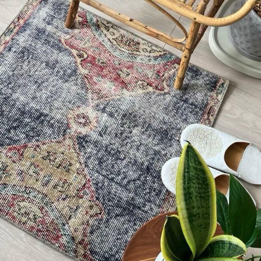 デニムブルー✳︎64×61 シャビー　キャラメル　レッド　トルコヴィンテージラグ