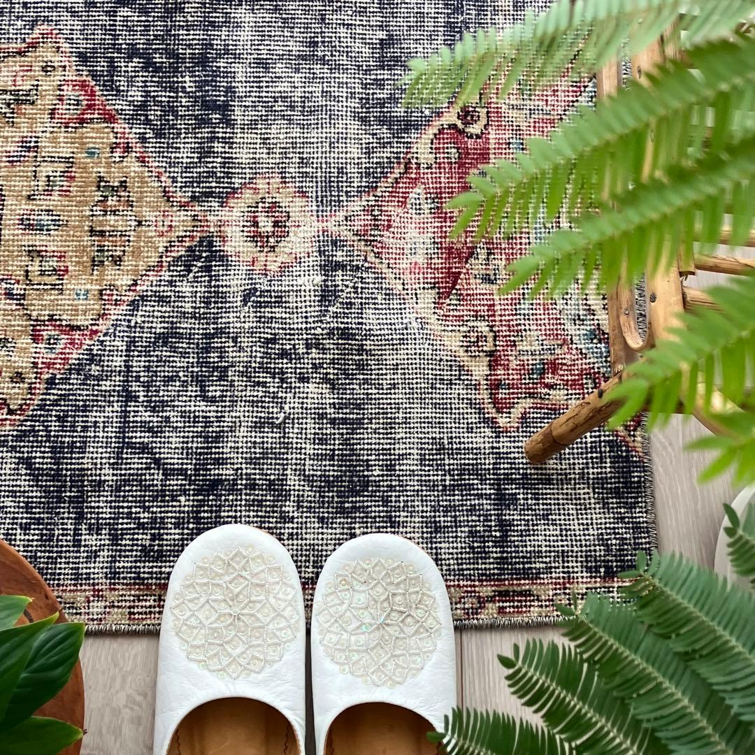 デニムブルー✳︎64×61 シャビー　キャラメル　レッド　トルコヴィンテージラグ