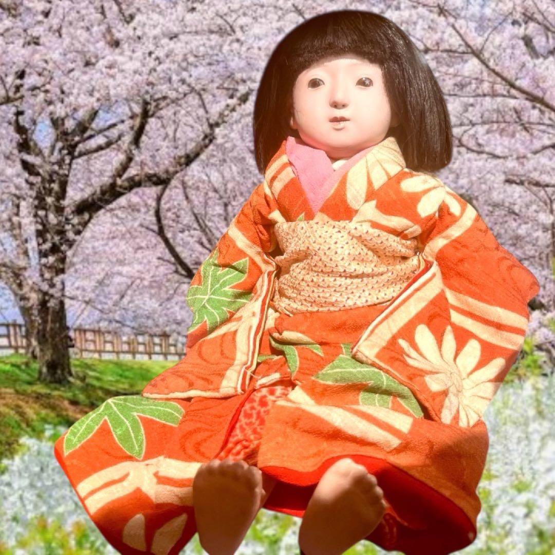 市松人形 石黒人形店 大正 ガラス目 3つ折れ 抱き人形 縮緬着物 1912年~