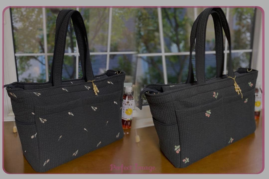 Ｂ.ブラック×いちご＆チューリップ大きめサイズ　ポケットいっぱいマザーズバッグ