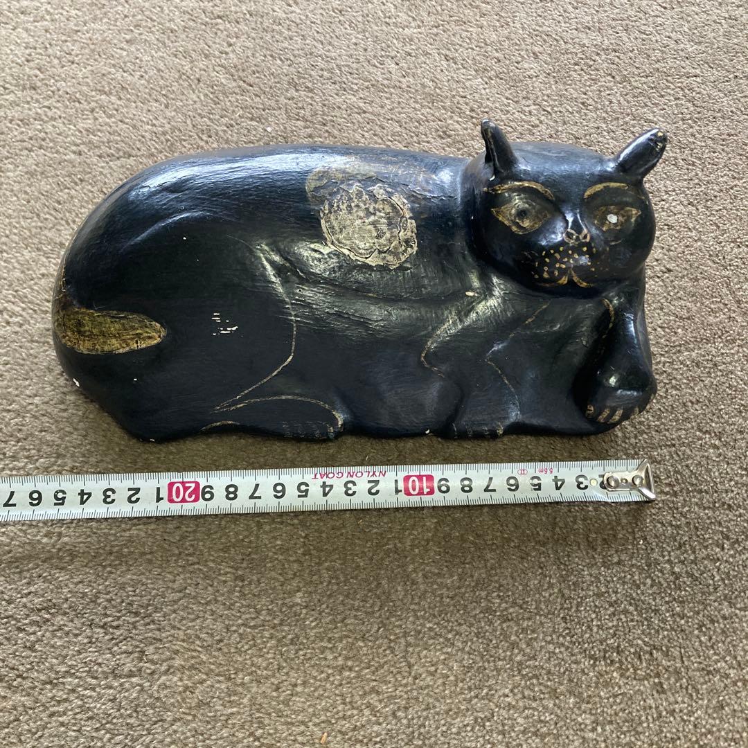 黒猫 木彫り 26cm アンティーク オブジェ オールドキャット