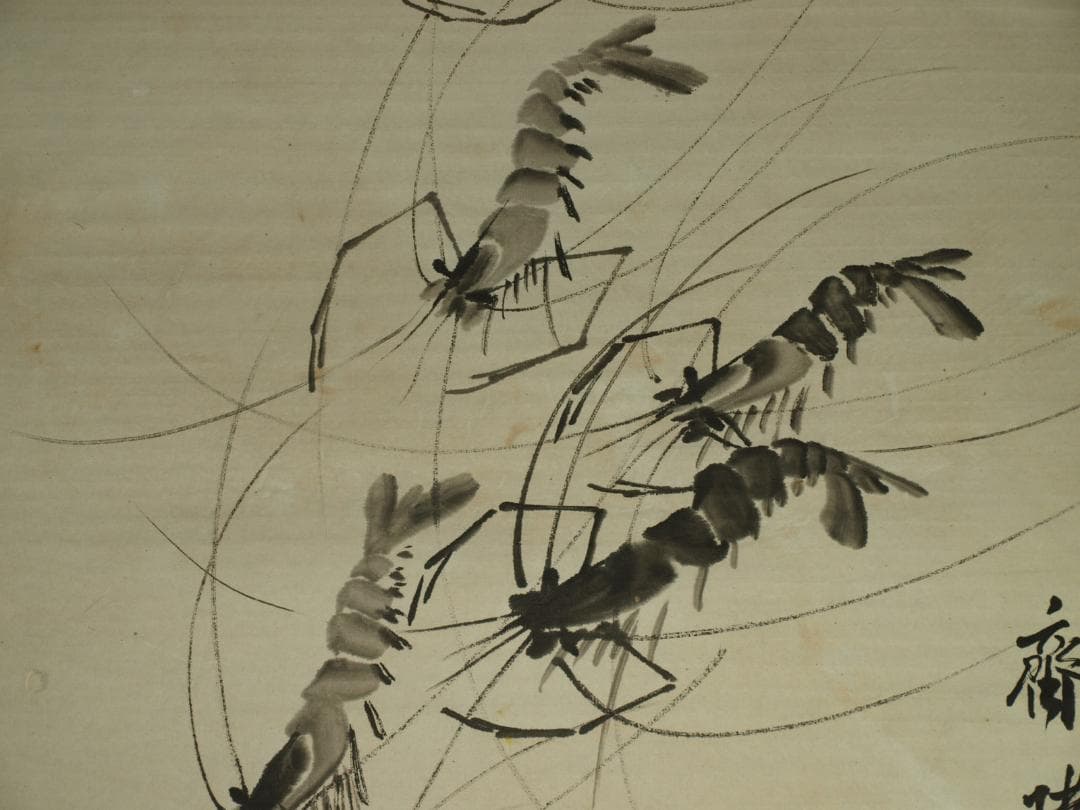 骨董市仕入れ品　中国近時代 白石作 虾図 掛軸　肉筆保証 BD620C11-4