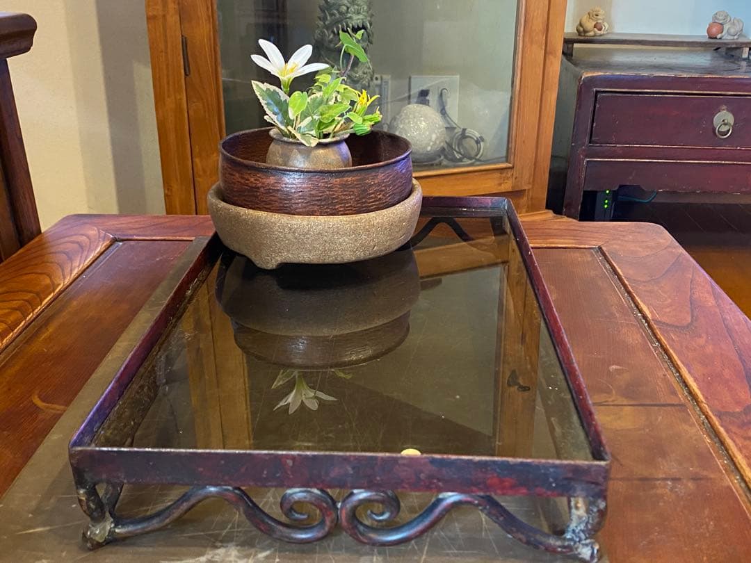 アンティーク装飾アイアン製　ガラス台 ヴィンテージ　レア 鉢受け　観葉植物