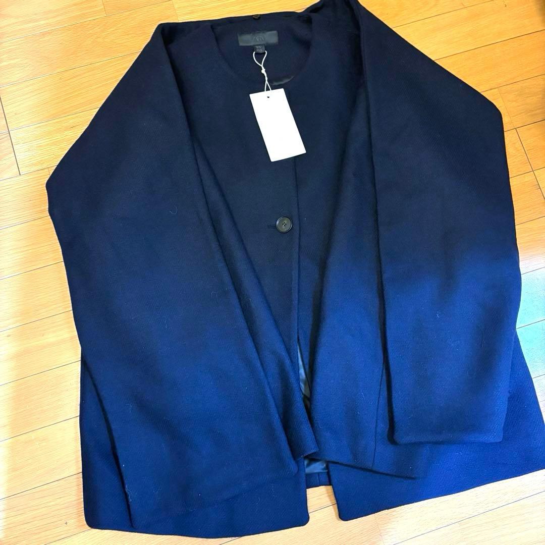 【ZARA】ザラ S ウールショートスカーフコート ネイビー