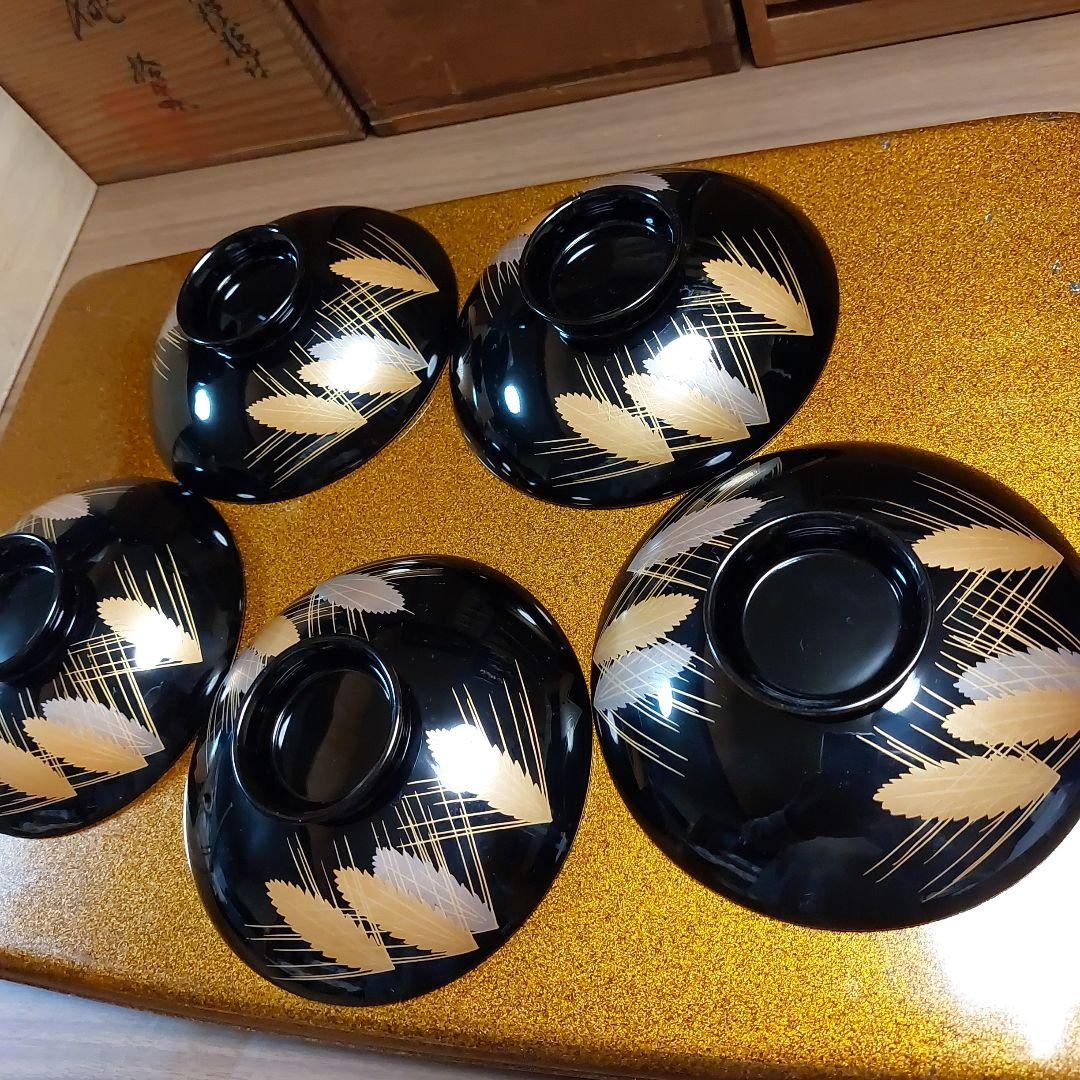 輪島黒塗金銀麦頭蒔絵椀五