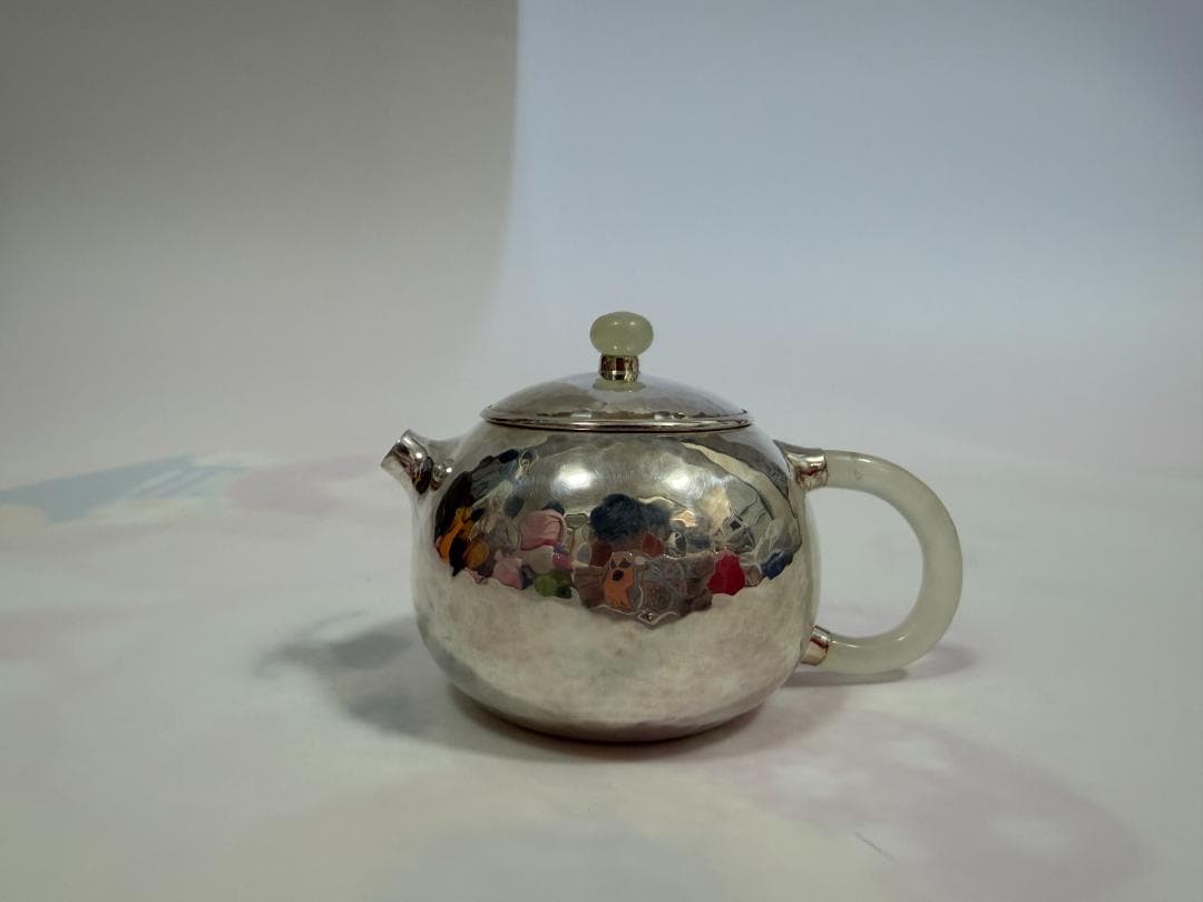 純銀製 丸形 鎚目 玉石摘 急須 銀瓶 煎茶道具