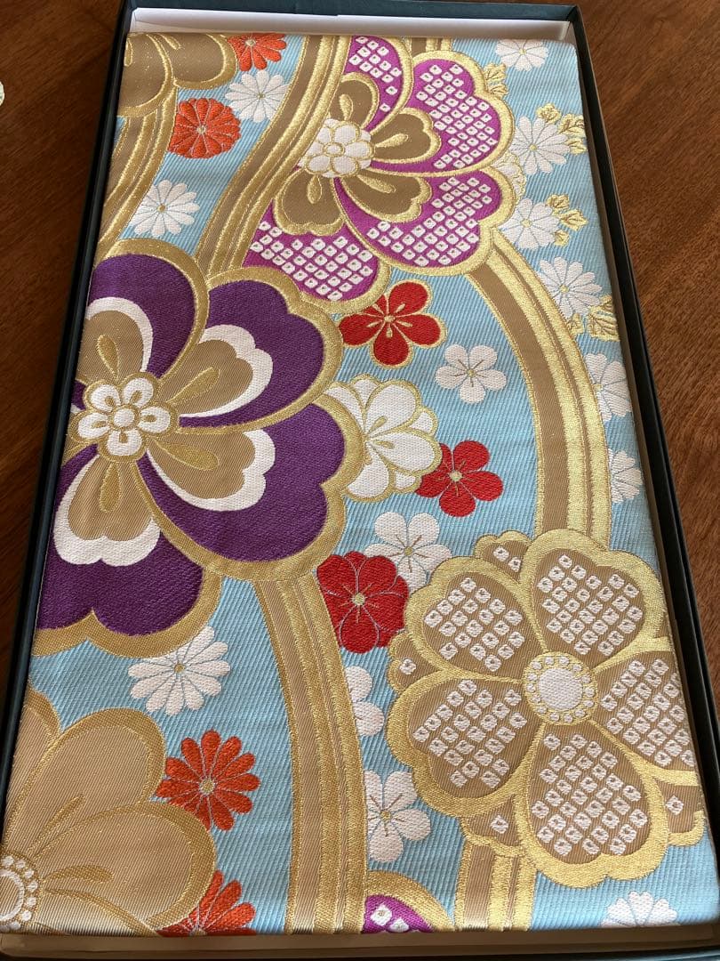 成人式に　正絹 振袖用袋帯　ブルー　水流に花文　丸勇