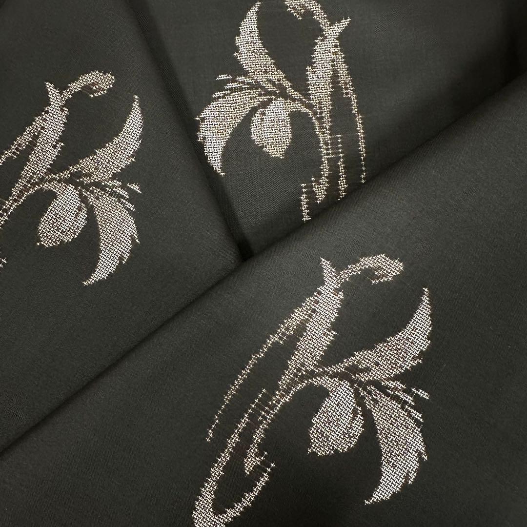 大島紬　袷　正絹　東京ますいわ屋　黒　地空き　植物飛び柄　身丈155.5裄63