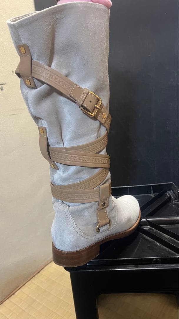 デパート購入ルイヴィトンロングブーツスエードレザーベルトライトグレー&ベージュ